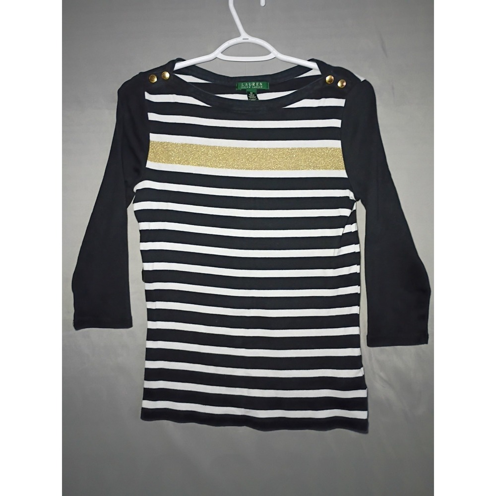 Lauren Ralph Lauren Shirt M Black Gold Striped 3/4 Sleeve Embossed Buttons Knit